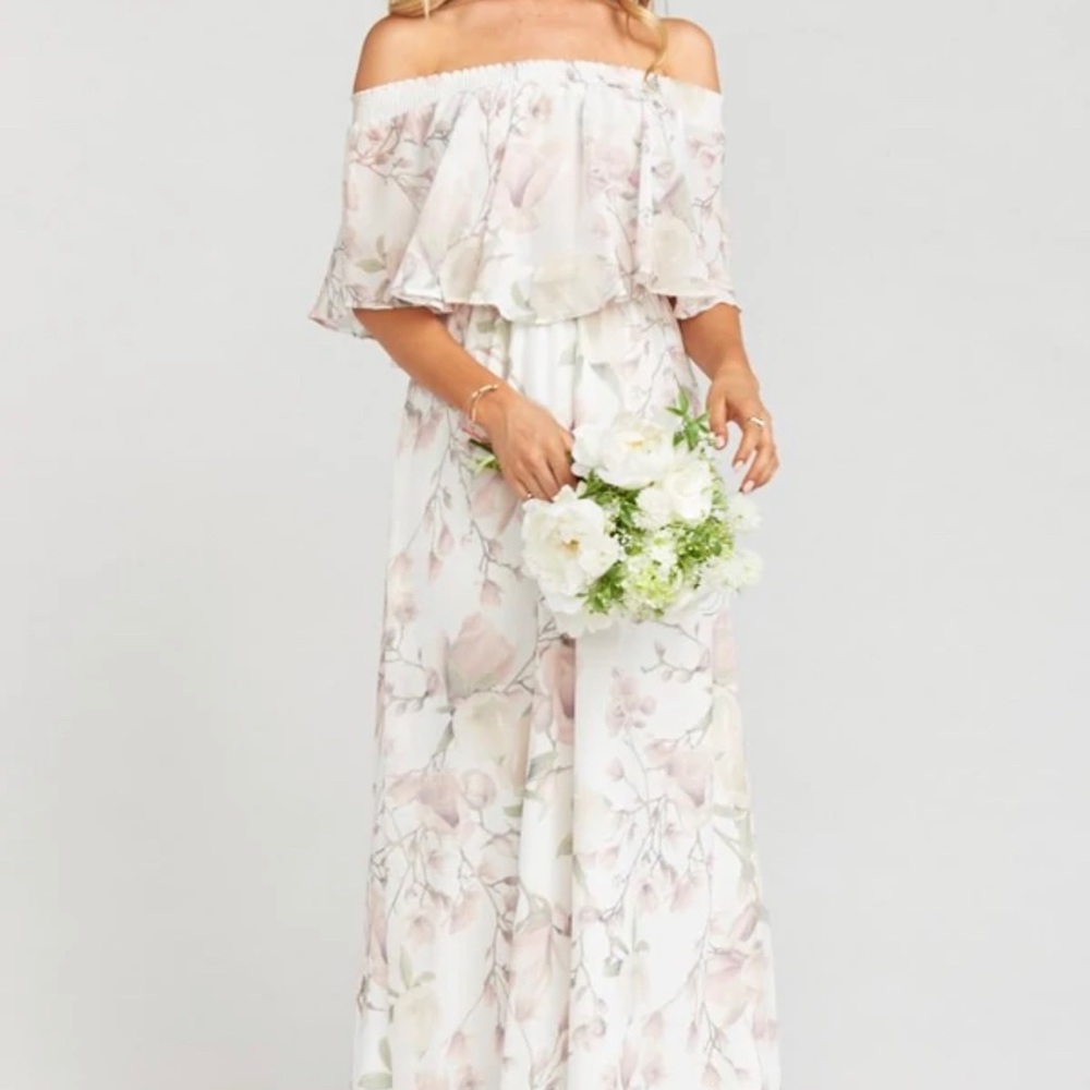 Show Me Your Mumu Hacienda off the shoulder bridesmaid dress in Forever Vine